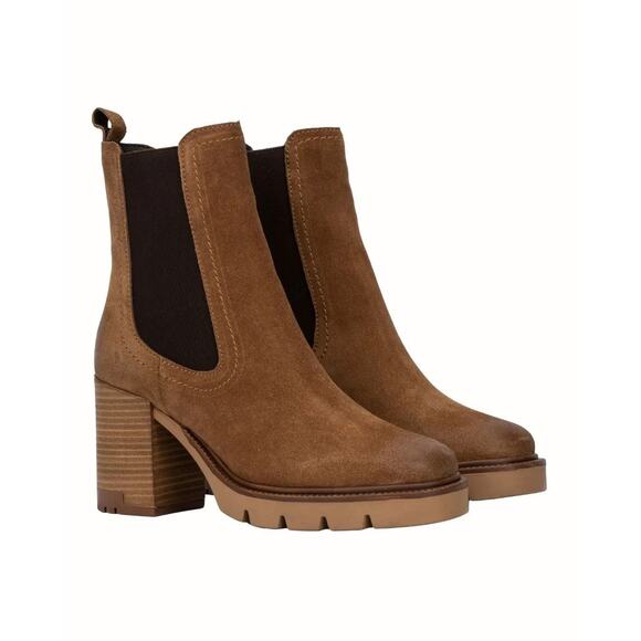 Vintage Foundry Co. Sz 8 Cognac Penelope Suede Leather Block Heel Chelsea Boots - Picture 1 of 9